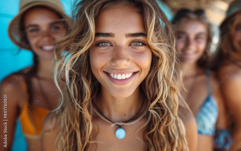 Three women with long hair and smiling. One of them is wearing a necklace. Scene is happy and cheerful Three women with long hair and smiling. One of them is wearing a necklace. Scene is happy and cheerful