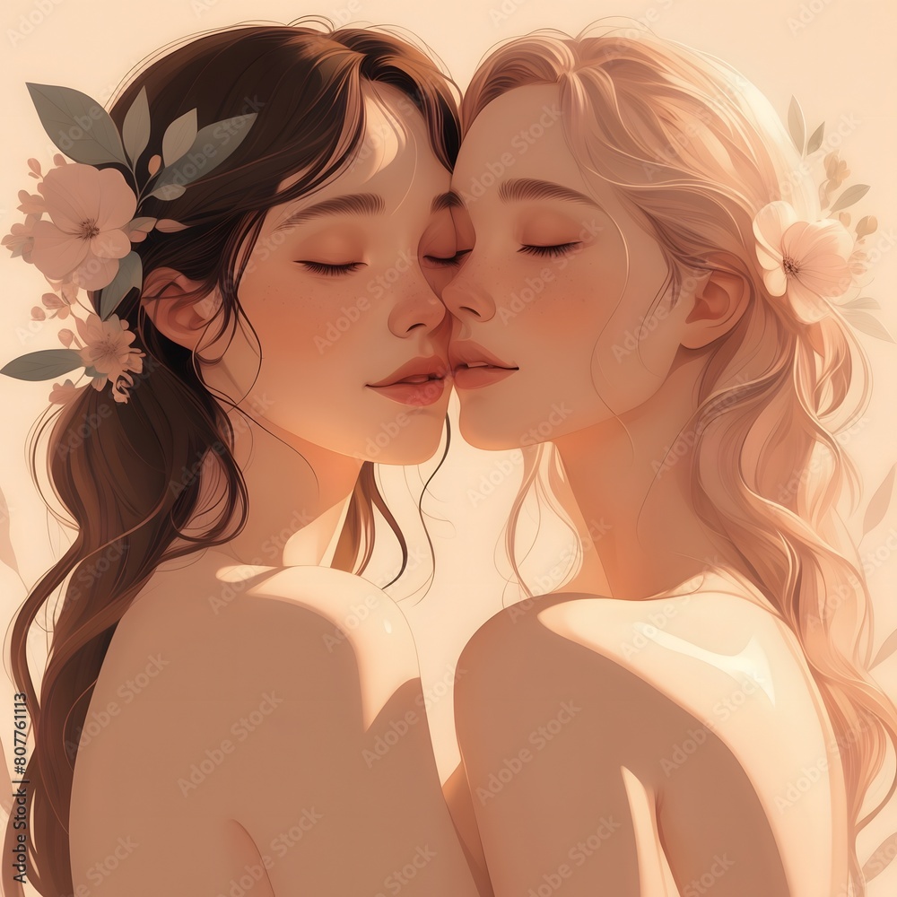 Two women tenderly embrace, their faces close and eyes locked in a moment of profound intimacy. Their expressions radiate a deep, unwavering love as they cherish each other's presence.