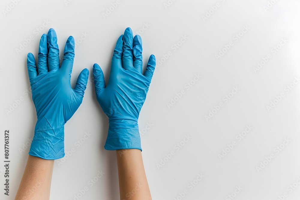 Obraz premium Woman s hands in medical blue gloves on a white background with empty copy space