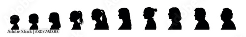 Woman life stages development vector silhouette set. Stages of woman growth and development face side profile silhouettes set collection.