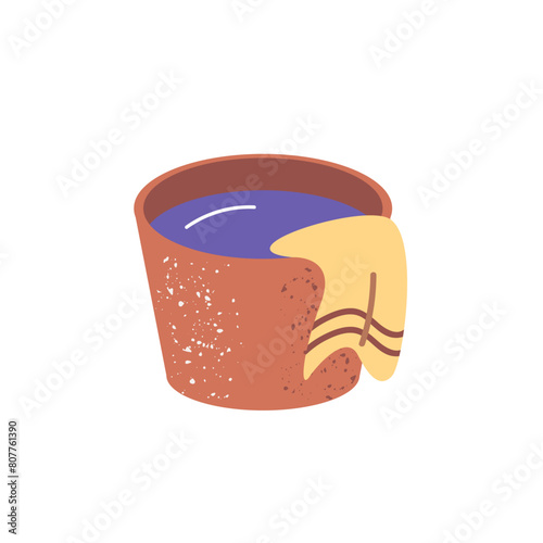 Bucket of water with washing rag for wet cleaning. Full pail with damp cloth for house cleanup. Housework accessories, housekeeping supplies. Flat isolated vector illustration on white background