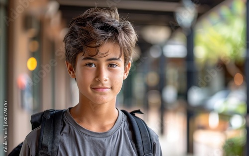 A young boy with a backpack and a smile on his face. He is wearing a gray shirt and has brown hair