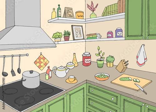 Kitchen room graphic color home interior sketch illustration vector 