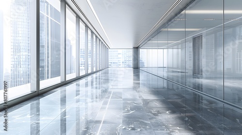 A long, empty glass corridor in an office building with large windows on one side and gray marble floors on the other. The floor reflects its surroundings.