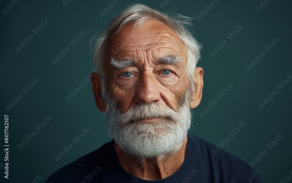 Fototapeta premium A man with a beard and white hair is wearing a blue shirt. He has a serious expression on his face