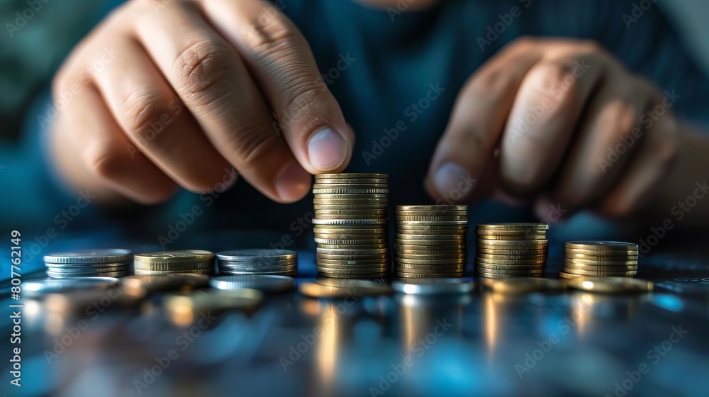 picture of man putting stack of coins into one row picture of man putting stack of coins into one row