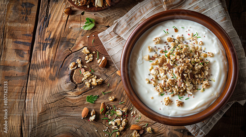 A rustic wooden table set for breakfast, featuring a bowl of thick yogurt topped with a variety of chopped nuts and seeds. Include generous copyspace to the left for a menu.