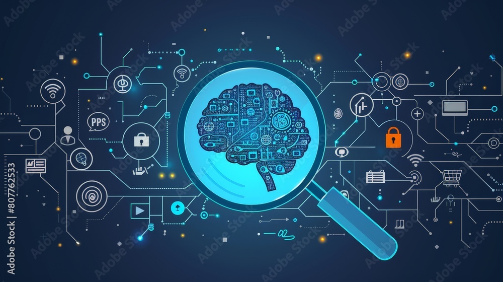 Obraz premium The image shows a magnifying glass over a digital brain