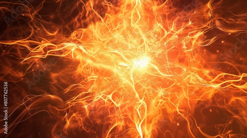 The image shows a large ball of fire. The fire is orange and yellow  and it is surrounded by a dark background. The fire is very bright  and it appears to be very hot.