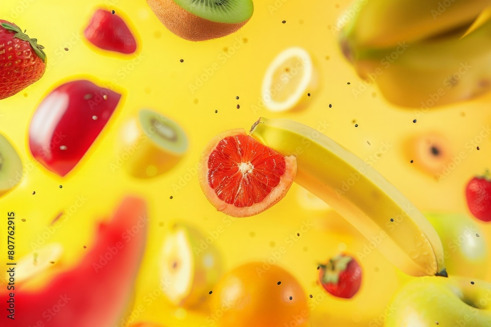 Fresh fruits in the air, isolated on colourful background. Food levitation or zero gravity concept Fresh fruits in the air, isolated on colourful background. Food levitation or zero gravity concept
