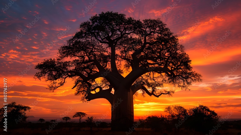 A majestic baobab tree stands tall against the backdrop of an African sunset, its branches reaching towards the sky with leaves that resemble elephant trunks. 