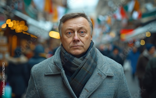 A man wearing a gray coat and scarf stands in a busy street. He looks tired and is staring at the camera photo