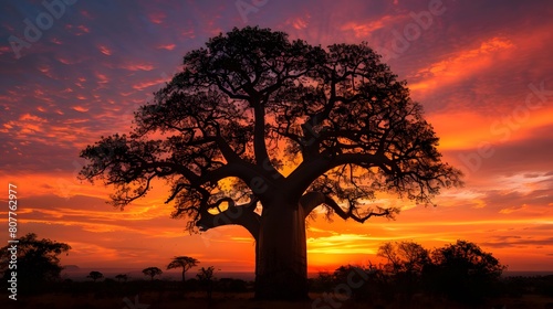 A majestic baobab tree stands tall against the backdrop of an African sunset  its branches reaching towards the sky with leaves that resemble elephant trunks. 