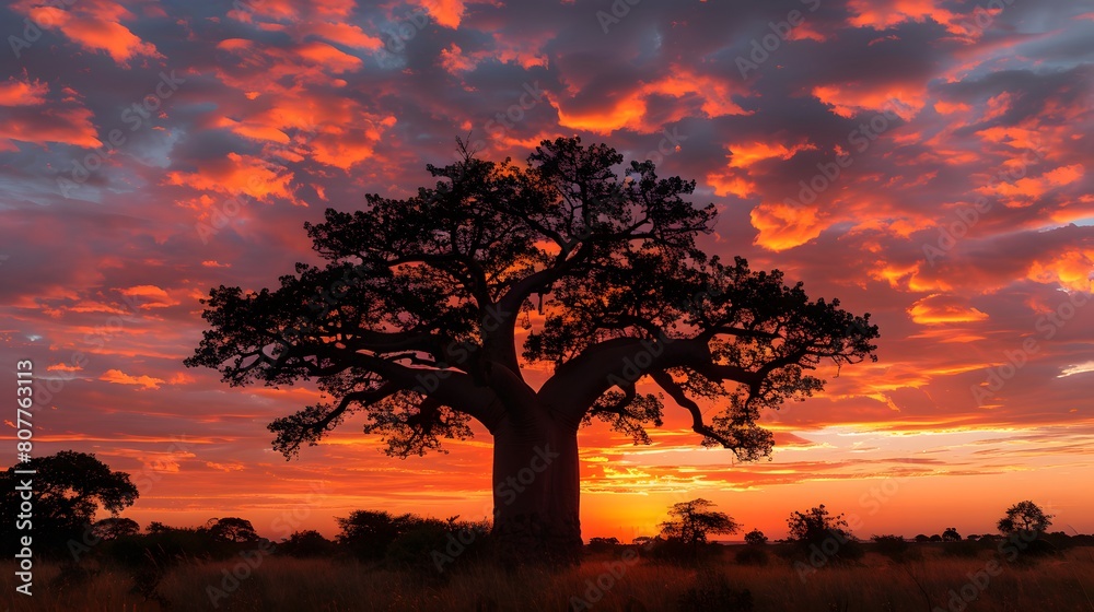 A majestic baobab tree stands tall against the backdrop of an African sunset, its branches reaching towards the sky with leaves that resemble elephant trunks. 