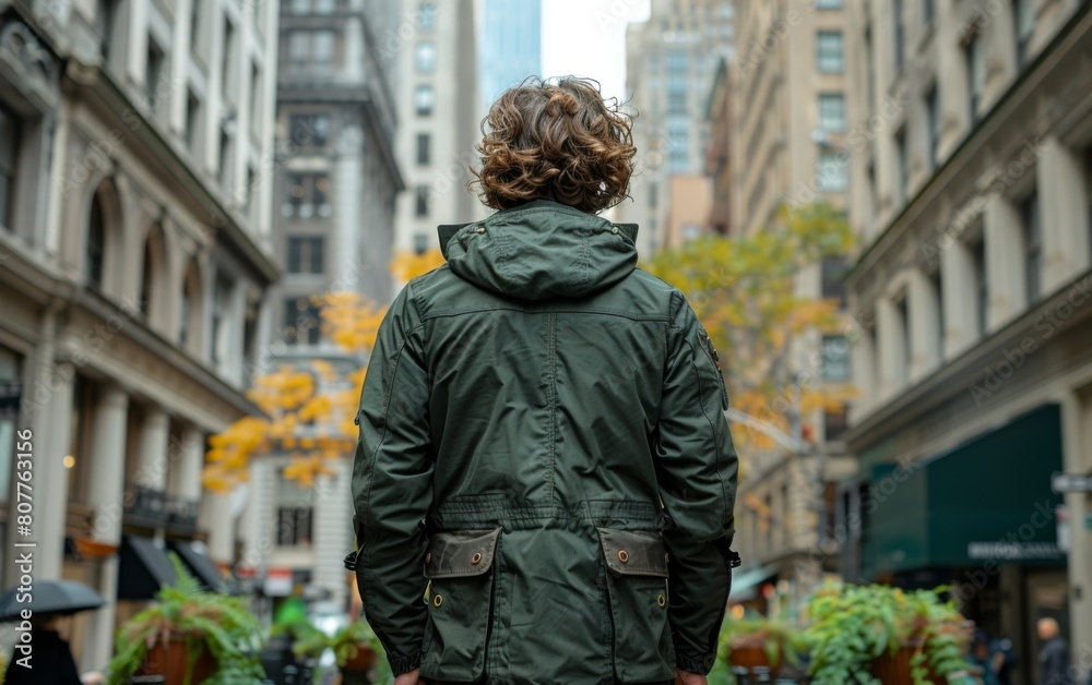 Fototapeta premium A man wearing a green jacket stands in front of a building. The image has a moody and urban feel, with the man looking out into the city