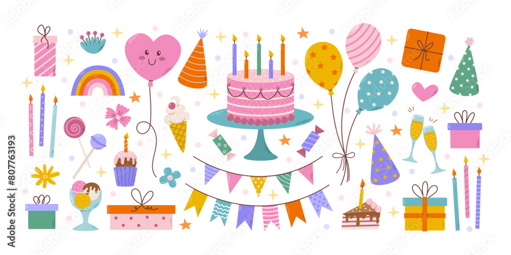 Birthday big decorative elements set. Different party objects, colorful holiday items, gift, cake, ballon and garlands, vector flat illustration