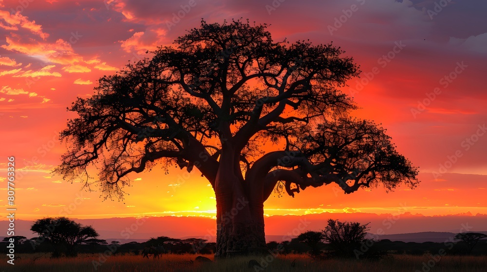A majestic baobab tree stands tall against the backdrop of an African sunset, its branches reaching towards the sky with leaves that resemble elephant trunks. 