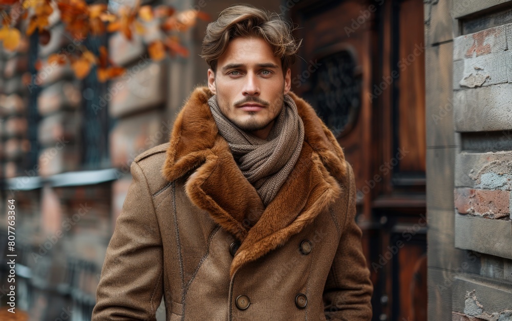 A man wearing a brown coat and scarf stands in front of a brick building. He has a beard and is smiling A man wearing a brown coat and scarf stands in front of a brick building. He has a beard and is smiling