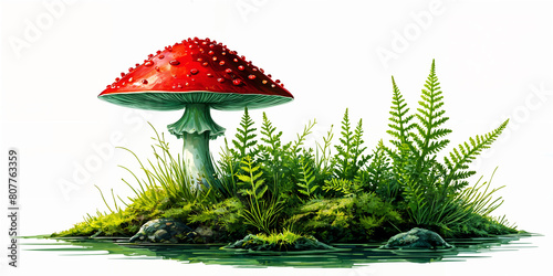 A vibrant mushroom with red and white spots, standing on a lush green island surrounded by water and adorned with ferns. © Aleksei Solovev