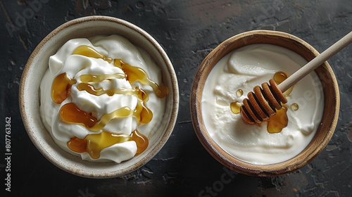 A bowl of yogurt with honey drizzle on the left, copyspace on the right