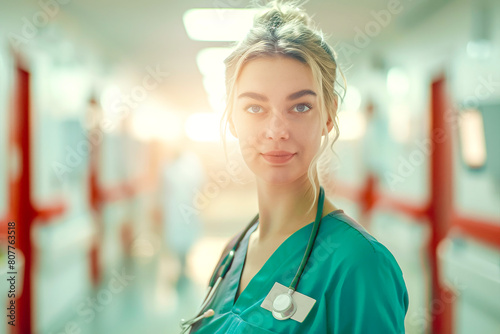Portrait of friendly, cheerful, smiling confident woman doctor or nurse in green suit with stethoscope standing in hospital walkway background, healthcare professional in blue scrubs.