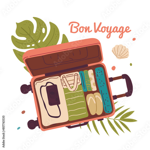 Packed suitcase for tropical travel vector illustration.