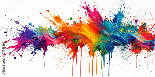 A vibrant, colorful splatter painting with drips and splatters of various colors against a white background. photo