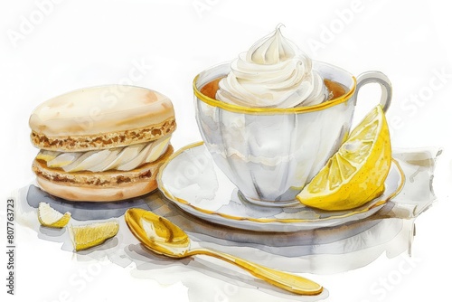 Watercolor traditional cup of tea, lemon, macaroon biscuit, gold spoon, meringue, illustration isolated on white background