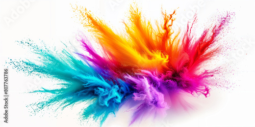 A vibrant explosion of colorful paint splatters against a white background, creating a dynamic and energetic visual effect. © Aleksei Solovev