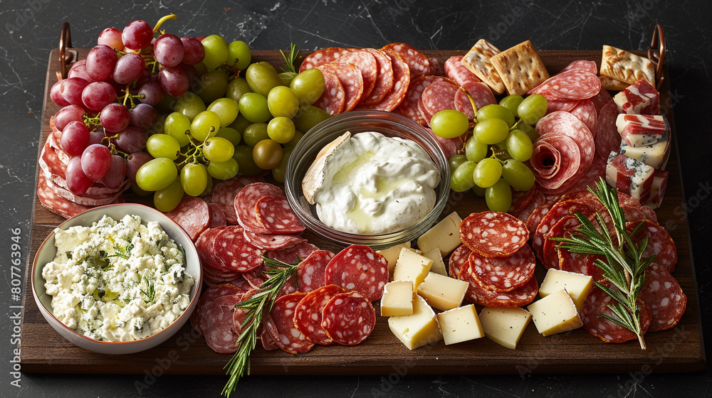 A gourmet charcuterie board overflowing with cured meats, artisan cheeses, fresh grapes, and a bowl of creamy goat cheese yogurt dip. Include ample copyspace to the left.