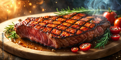 A large, succulent steak with a dark crust on top, placed on a wooden cutting board and garnished with fresh herbs and tomatoes. © Aleksei Solovev
