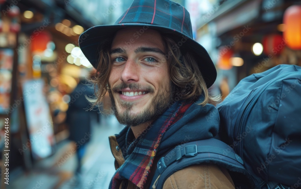 A man wearing a hat and a scarf is smiling and posing for a picture. He is carrying a backpack and a handbag A man wearing a hat and a scarf is smiling and posing for a picture. He is carrying a backpack and a handbag