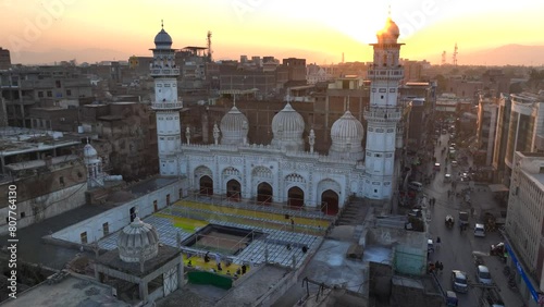 Peshawar mosque Masjid Mahabat Khan, Aerial Drone shot made in Pakistan. Bala Hisar Fort and Historical City Center photo