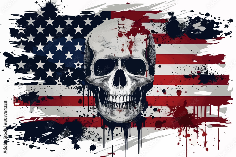 America Flag painted on a skull head Vector Illustration. Made in the USA stamp, T-Shirt grunge graphics.