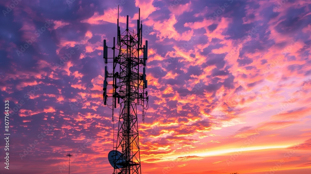 Mobile tower against the sky. Scenery. View of the communication station. Cellular antenna. Telecommunications industry Mobile tower against the sky. Scenery. View of the communication station. Cellular antenna. Telecommunications industry