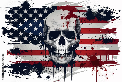 Obraz na płótnie America Flag painted on a skull head Vector Illustration. Made in the USA stamp, T-Shirt grunge graphics. w salonie