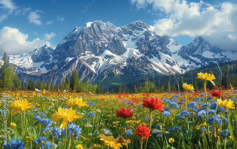 Obraz premium A field of flowers with mountains in the background. The flowers are yellow, blue, and red
