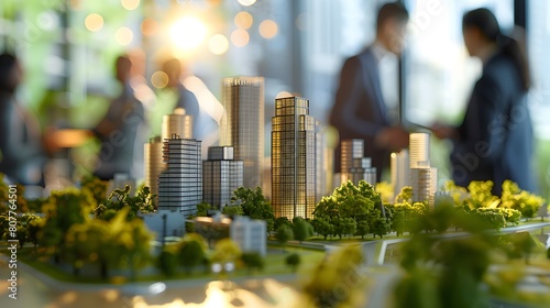 A model of an urban cityscape with skyscrapers and trees  placed on the table in front of business people wearing suits talking to each other during a meeting. 
