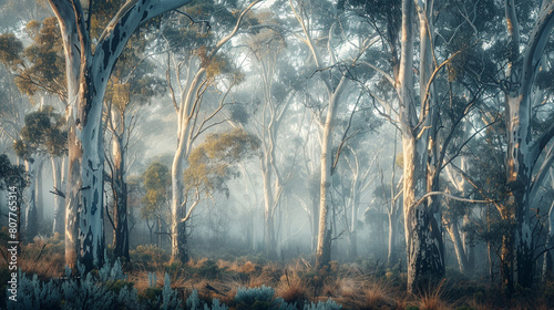 A eucalyptus grove on a misty morning  with wisps of fog drifting among the trees and creating an ethereal atmosphere  highlighting the mysterious and enchanting qualities of these iconic 