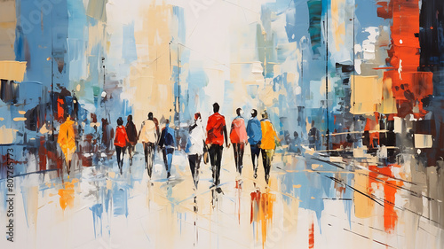 Digital painting of people walking in the city. Colorful abstract background