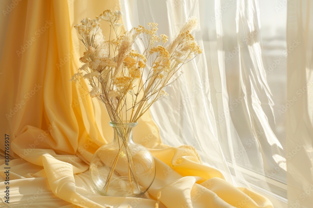 A vase of flowers sits on a tablecloth in front of a window. The flowers are yellow and white, and the vase is clear. The scene is bright and cheerful A vase of flowers sits on a tablecloth in front of a window. The flowers are yellow and white, and the vase is clear. The scene is bright and cheerful
