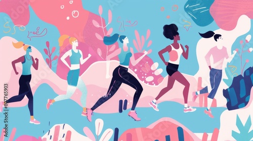 A group of women are running in a cartoonish style. The women are wearing pink and black outfits. The background is a mix of pink and blue colors. Scene is energetic and fun