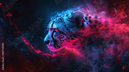 A cheetah with red and blue smoke surrounding it