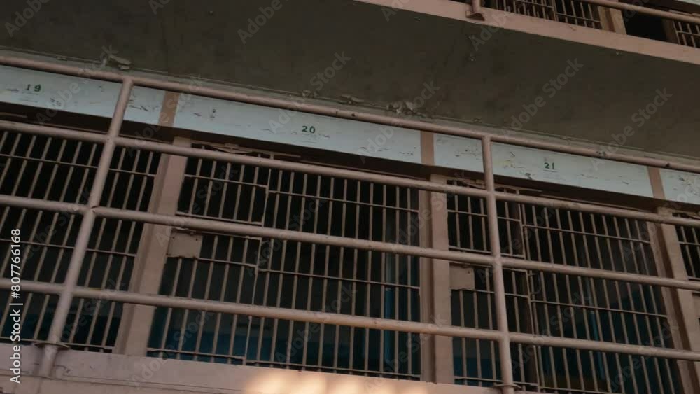 Alcatraz Prison Interior, B Block of Cellhouse, Closed Prison Cells and Gallery, Panorama, California USA Alcatraz Prison Interior, B Block of Cellhouse, Closed Prison Cells and Gallery, Panorama, California USA