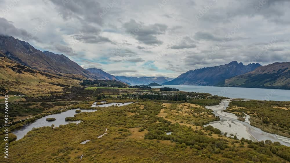 Glenorchy Lagoon on shore of Lake Wakatipu in New Zealand, aerial dolly forward. Glenorchy Lagoon on shore of Lake Wakatipu in New Zealand, aerial dolly forward.