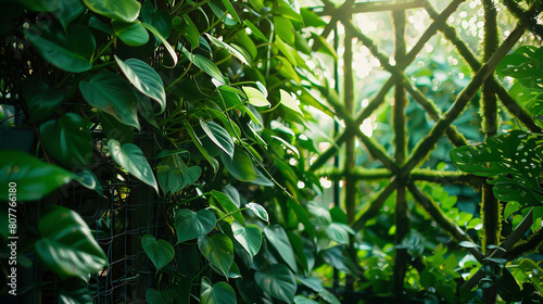 A philodendron climbing up a moss-covered trellis, with its lush foliage reaching towards the sunlight and creating a lush and verdant backdrop for outdoor garden spaces or indoor living areas.