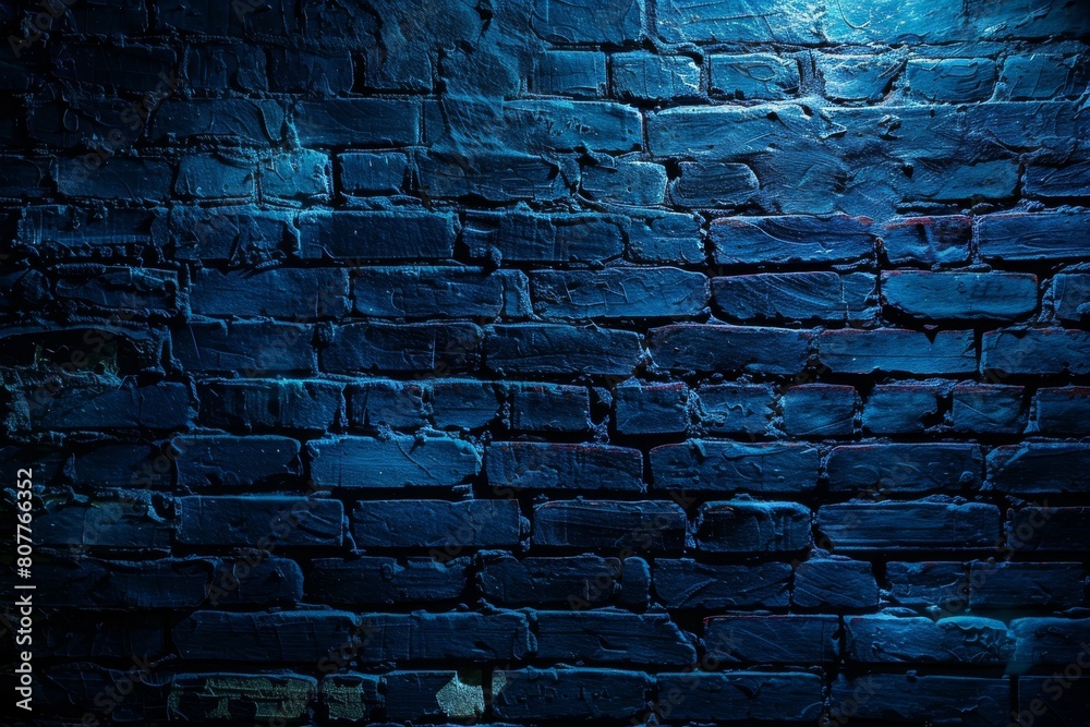 A blue brick wall with a blue background. The wall is made of bricks and has a blue color