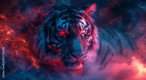 A tiger with red eyes and a blue nose is staring at the camera