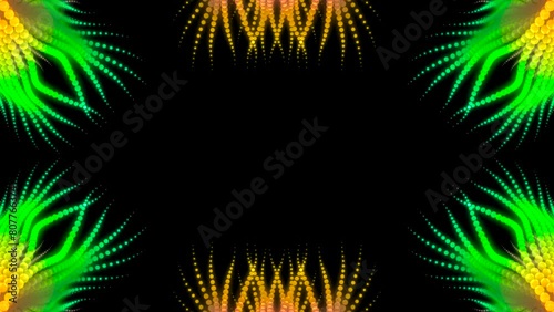 The green-orange fractal animation is like a frame with space for text. Digital looping animation.