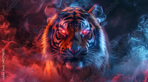 A tiger with red eyes and a blue nose is staring at the camera